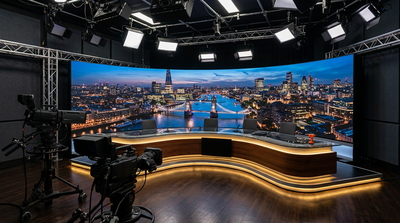 TV-Studio während einer Live-Sendung – Präsentation einer Produktinnovation